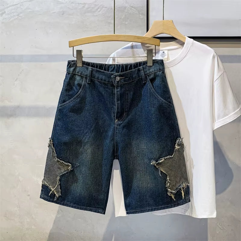 Star Shaped Men Denim Shorts Jeans Solid Color Pocket Shorts Fashionable Casual Short Jeans Harajuku High Street Men'S Clothing