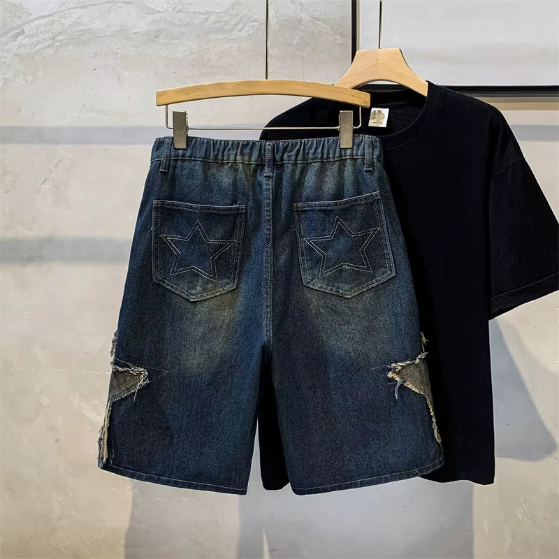 Star Shaped Men Denim Shorts Jeans Solid Color Pocket Shorts Fashionable Casual Short Jeans Harajuku High Street Men'S Clothing