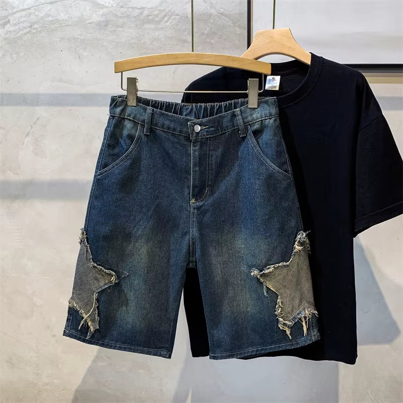 Star Shaped Men Denim Shorts Jeans Solid Color Pocket Shorts Fashionable Casual Short Jeans Harajuku High Street Men'S Clothing