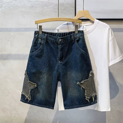 Star Shaped Men Denim Shorts Jeans Solid Color Pocket Shorts Fashionable Casual Short Jeans Harajuku High Street Men'S Clothing