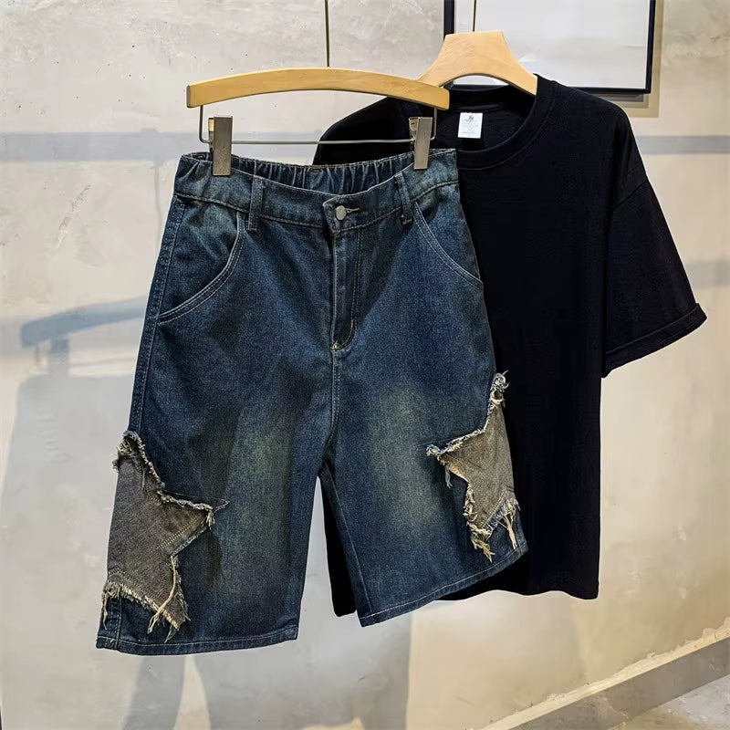 Star Shaped Men Denim Shorts Jeans Solid Color Pocket Shorts Fashionable Casual Short Jeans Harajuku High Street Men'S Clothing