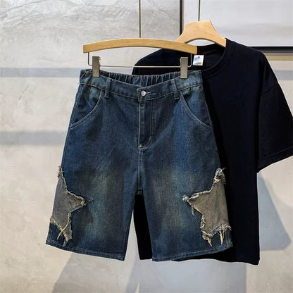 Star Shaped Men Denim Shorts Jeans Solid Color Pocket Shorts Fashionable Casual Short Jeans Harajuku High Street Men'S Clothing